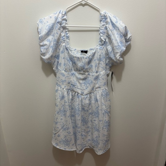 Blue and White Bridgerton Vibes Bow Pattern Toile Peasant Puff Sleeve Dress - Picture 2 of 5